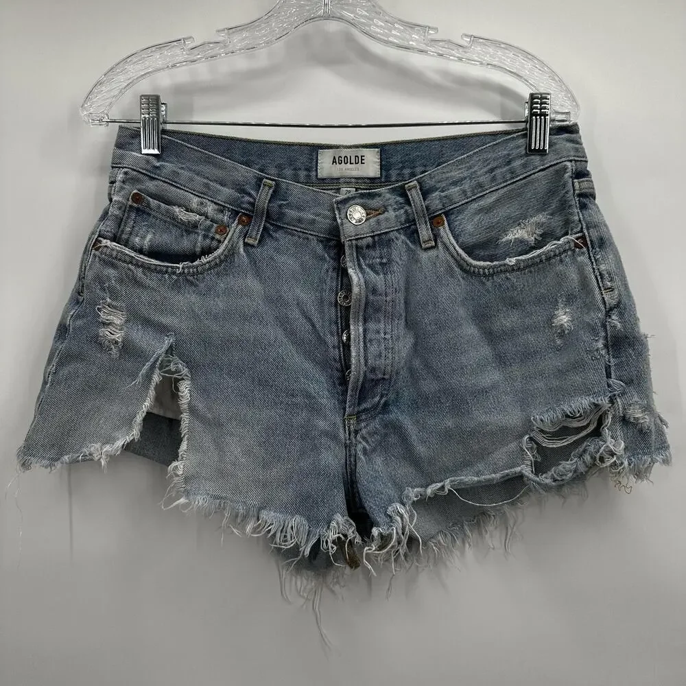 AGOLDE Parker Shorts Womens 28‎ Distressed Denim High Rise Button Fly Raw Hem